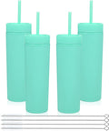 Volhoply 16oz Plastic Skinny Tumbler With Lid and Straw Bulk 4 Pack,Insulated Double Wall BPA Free Matte Acrylic Tumblers,Iced Coffee Travel Mug Reusable Party Cup,Customizable Diy Gifts(Green,4 Set)