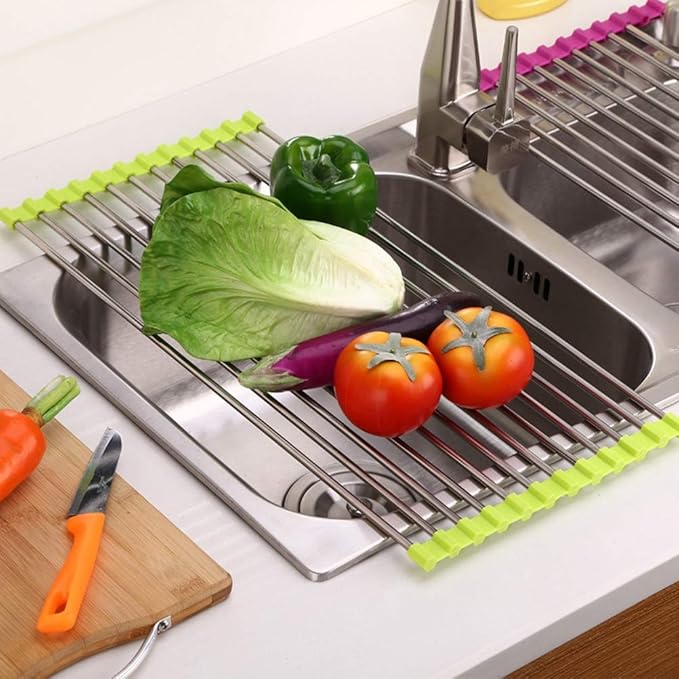 Roll Up Dish Drying Rack, Over The Sink Kitchen Rolling Sink Rack Multipurpose Dry Dish Drainer Rack，Stainless Steel Foldable Dish Drying Rack，for Sink Counter(Yellow,37 * 23cm)