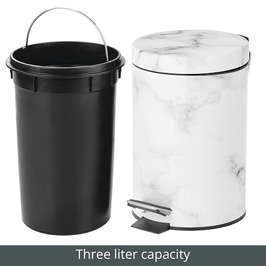 mDesign Extra Small Modern 3-Liter/.7 Gallon Round Metal Lidded Step Trash Can, Compact Garbage Bin with Removable Liner Bucket and Handle for Bathroom, Kitchen, Office, Garage - White Marble Print
