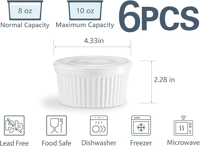 ONEMORE 8 oz Ramekins with Lids, Set of 6 Stackable Ceramic Creme Brulee Souffle Dishes, Oven Safe Pudding Cups with Silicone Covers for Baking, White