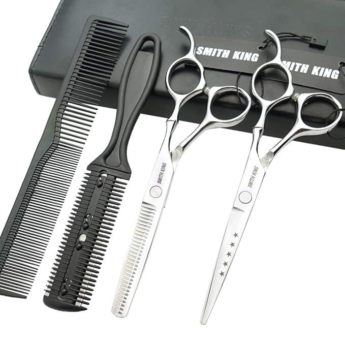 6.0 Inches Hair Cutting Scissors Set with Combs Lether Scissors Case,Hair cutting shears Hair Thinning shears For Personal and Professional (Silver)