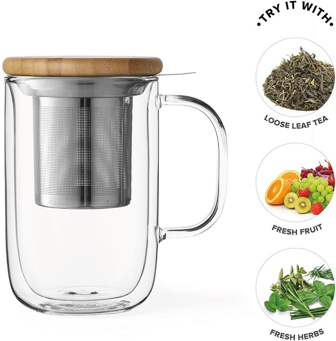 VIVA Minima Double Wall Glass Balance Tea Mug with Mesh Infuser and Wood Lid- 500 ml / 17 oz