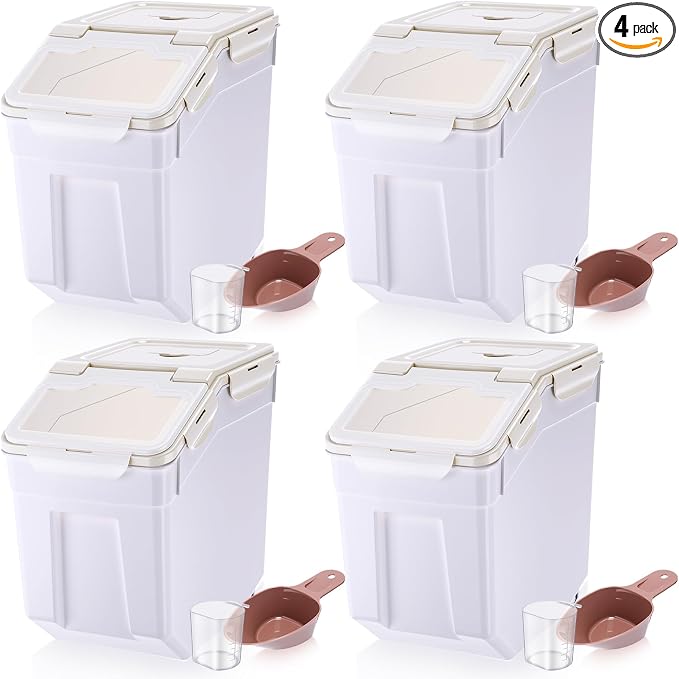 Sunnyray 4 Pcs 55 lbs Grain Rice Storage Container Flour Bin with Wheels Cup Leak Proof Pet Food Storage Boxes Seal Locking Lid Plastic Rice Containers Set for Cereal Flour Cat Dog Food (Beige)