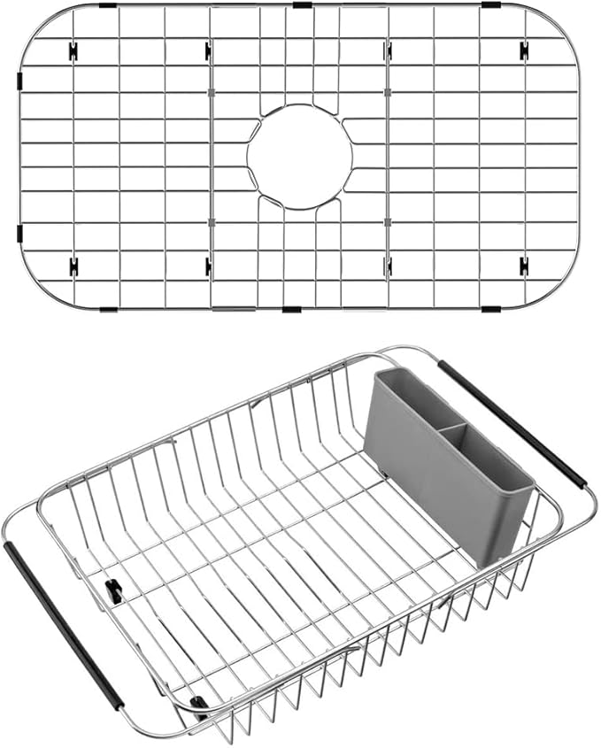 SANNO 26" L X 14" Sink Grid Protectors, Sink Protector Grid for Kitchen Sink Over The Sink Expandable Dish Drying Rack, Dish Drainer, Hold Up Dishes, Utensils Organization, Stainless Steel