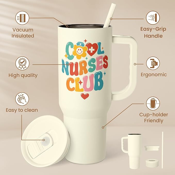 SANDJEST Nurse Tumbler 40oz, Cool Club Coffee Travel Mug With Straw - Perfect Nurse Gift for Any Occasion