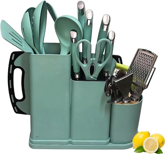 Kitchen Utensils and Knives Set, 20PCS Knife and Cooking Spoon Tools Set with Storage Holder, Sharp Stainless Steel Knife Sets with Bread, Chef Knife (Teal)