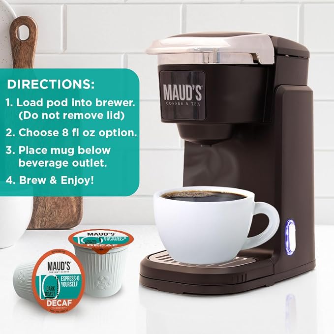 Maud's Decaf Espresso Roast Coffee Pods, 100 ct, Decaffeinated Dark Roast Coffee in Single Serve Pods – 100% Arabica Coffee, Compatible with Keurig K Cups Maker