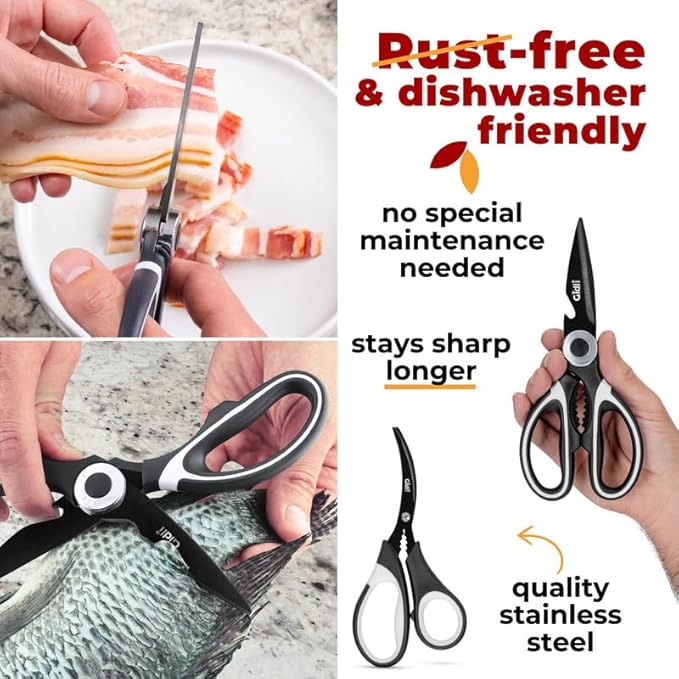Titanium Coated Kitchen Scissors 2-Piece Set by Gidli - Liftime Replacement Warranty* - Heavy Duty Kitchen Shears for Meat and Food Prep - Includes Bonus 7" Seafood Scissors with Ergonomic Grip