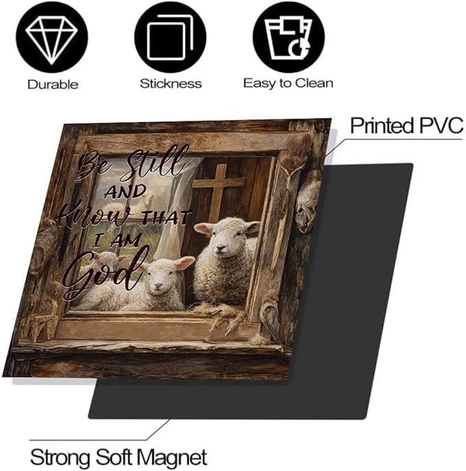 Sheep Front Door Dishwasher Magnet Cover,Christ Refrigerator Panel Decal, Wood Grain Cross Magnetic Dishwasher Cover,'Be Still and Know That I Am God'Text Magnetic Decorative Sticker,23"x26"