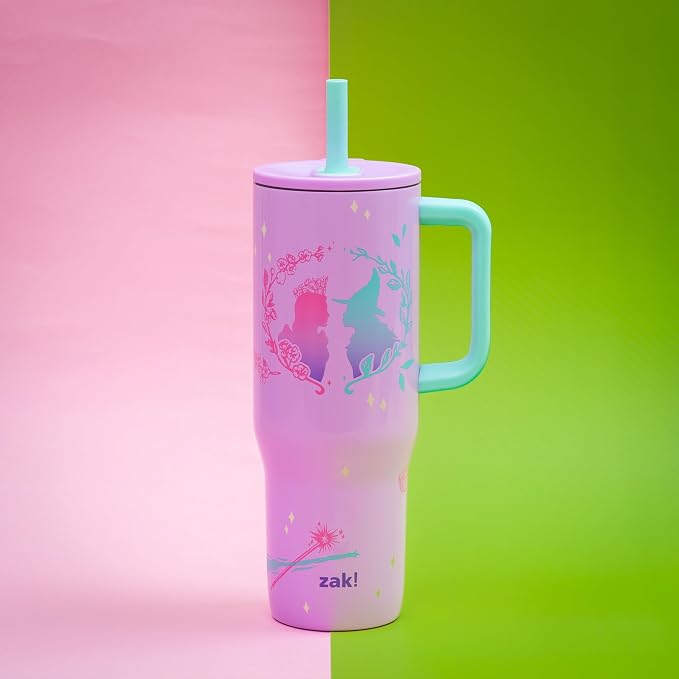 Zak Designs Wicked: For Good Sutton Travel Tumbler for On the Go, 30oz Stainless Steel with Vacuum Insulation, Silicone Straw, and Carry Handle for Cold Drinks (Glinda and Elphaba)