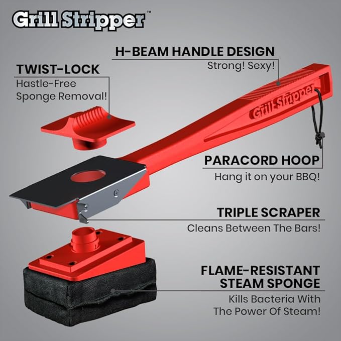 GRILL STRIPPER Bristle Free Grill Brush with Extra Sponge - Steam Grill Brush Bristle Free with Patent Pending Triple Scraper and Dishwasher Safe Replaceable Fire Resistant Steam Sponge