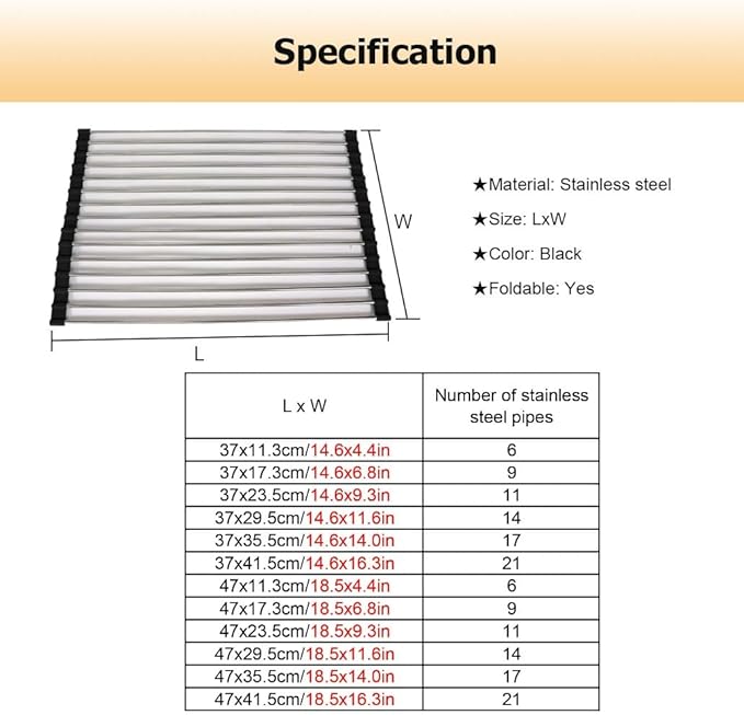 14.6/18.5 in Long Collapsible Over Sink Roll Up Dish Drying Rack for Kitchen Sink, Foldable Stainless Steel & Silicone Dish Drainer(Black,47x23.5cm/18.5x9.3in)