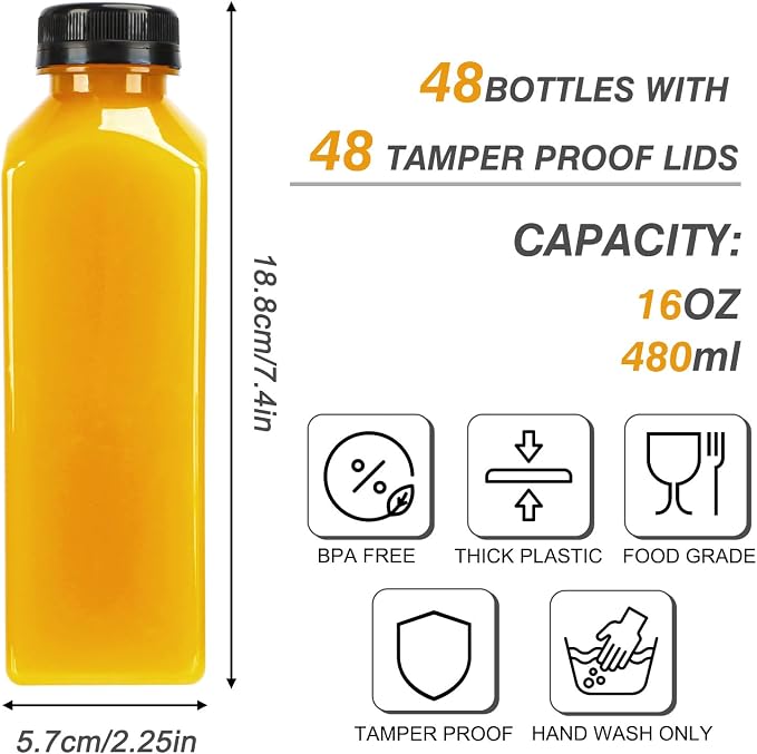 TOMNK 48pcs Juice Bottles, 16oz Reusable Plastic Juice Bottles with Caps and Labels, Funnel, Brush Beverage Containers for Juicing, Smoothies, Tea, Milk