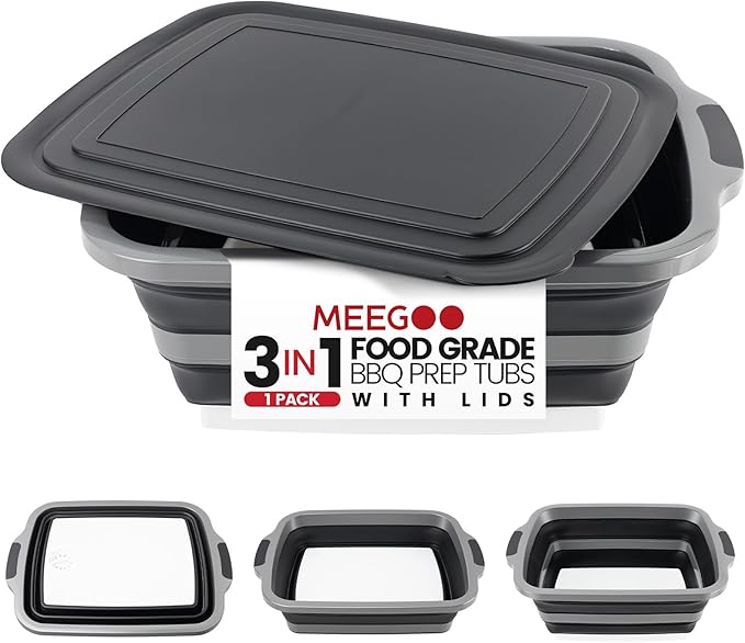 BBQ Prep Tub 3-IN-1 Large 30L Collapsible Cutting Board with Lid for Grill Meal Prep Marinating Food, Camping Sink with Colander, Dish Basin, Storage Blanket for Camping Picnic BBQ Grilling, Black