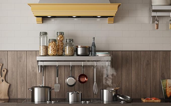 12" x 36" NSF Certified Stainless Steel Wall Mount Shelf - Multifunctional Metal Storage Rack with Backsplash and 6 Hooks