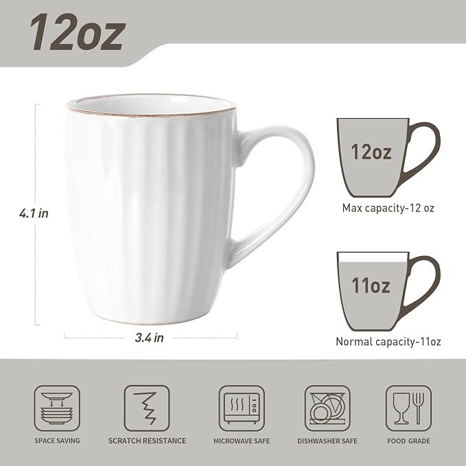 famiware Coffee Mugs Sets for 6, 12 oz Mug Set, Coffee Cups with Handle for Coffee, Tea, Cocoa and Milk, Microwave and Dishwasher Safe, White Stripe