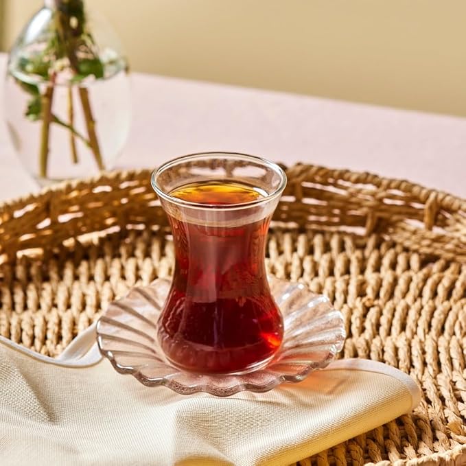 Karaca Luna 12-Piece Turkish Tea Cups for 6 People, 4.4 fl oz Turkish Tea Glasses Set with Elegant Light Brown Glass Saucers