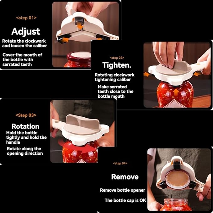 4-In-1 Multi-Purpose Strain-Free Opener, Jar Opener for Weak Hands, Adjustable Stainless Steel Jar Opener Gripper with Bottle Cap Opener for Jars, Bottles and Ring-Pull Cans (1pc)
