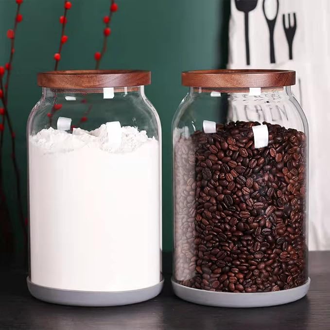 SAIOOL 1 Gallon Glass Jar with Wooden Acacia Airtight Lid,Large Glass Storage Jar set of 2, BPA-Free Cereal Dispenser Jars for flour,Spaghetti Pasta, Powder, Tea, Coffee