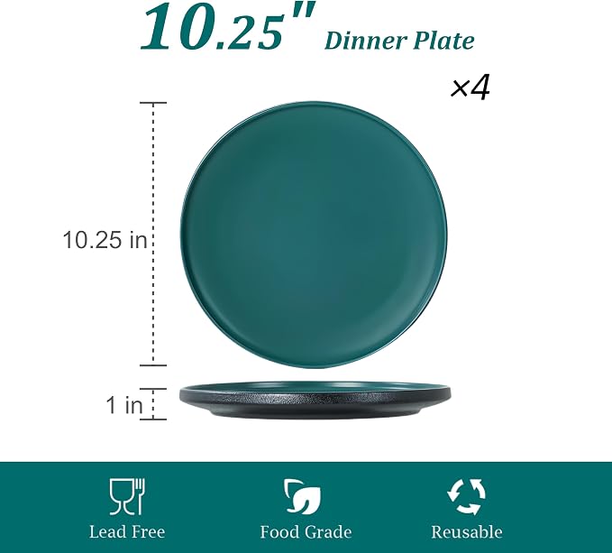 Ceramic Dinner Plates, 10.25 Inch, Set for 4, Modern Green | Flat Dish Design, Microwave & Dishwasher Safe, Perfect for Family and Entertaining, For Steak, Sandwiches, Pizza, Pasta