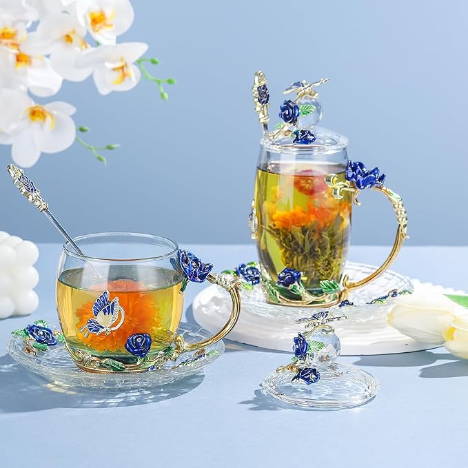 Christmas Gift Coffee Mug Tea Cup with Lid Saucer Birthday Gift for Women Friend Mother's Valentine's Day Rose Butterfly Cup Wedding Anniversary(Short Blue)