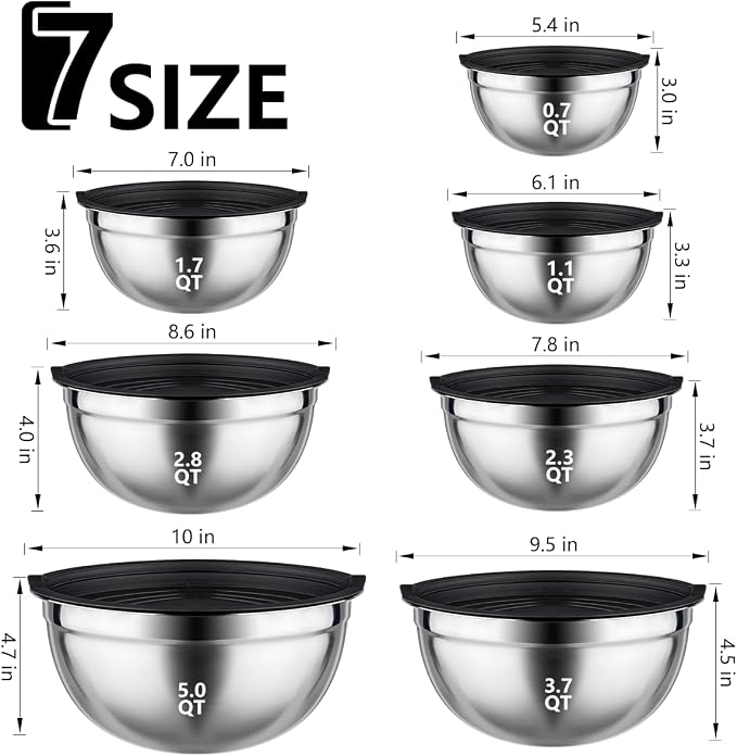 Leidawn Mixing Bowls with Lids set - 25 PCS Stainless Steel Nesting Black Mixing Bowls Set for Baking, Mixing, Serving & Prepping, Size 5, 3.7, 2.8, 2.3, 1.7, 1.1, 0.7QT, 11 Cooking