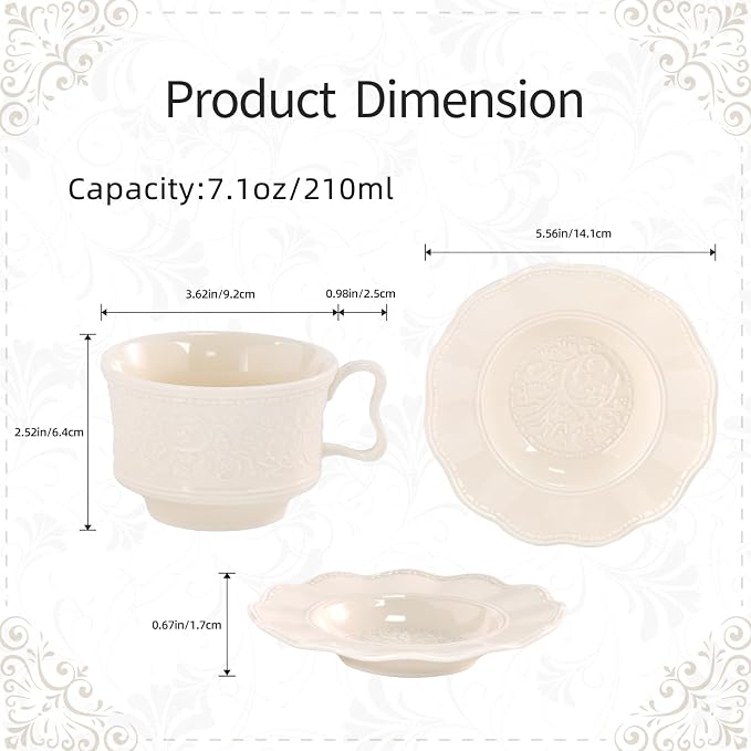 KAMMAK Tea Cups and Saucers Set of 2, 7oz Porcelain Coffee Cups with Saucers, Ceramic Espresso Mugs for Coffee, Latte, Americano, Tea, Elegant Teacup and Saucer (YFH1+2)