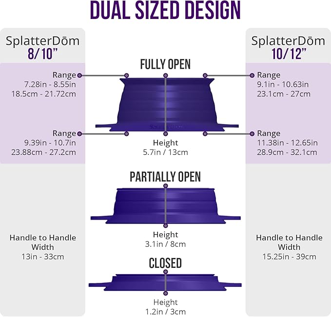 L.I.Q Silicone Splatter Guard – Fits 8 and 10 Inch Pots (20 and 25 Centimeters) – Microwave Safe and Durable SplatterDom - Includes 8” Lid - Food and Oil Splash Guard (Violet, Small)
