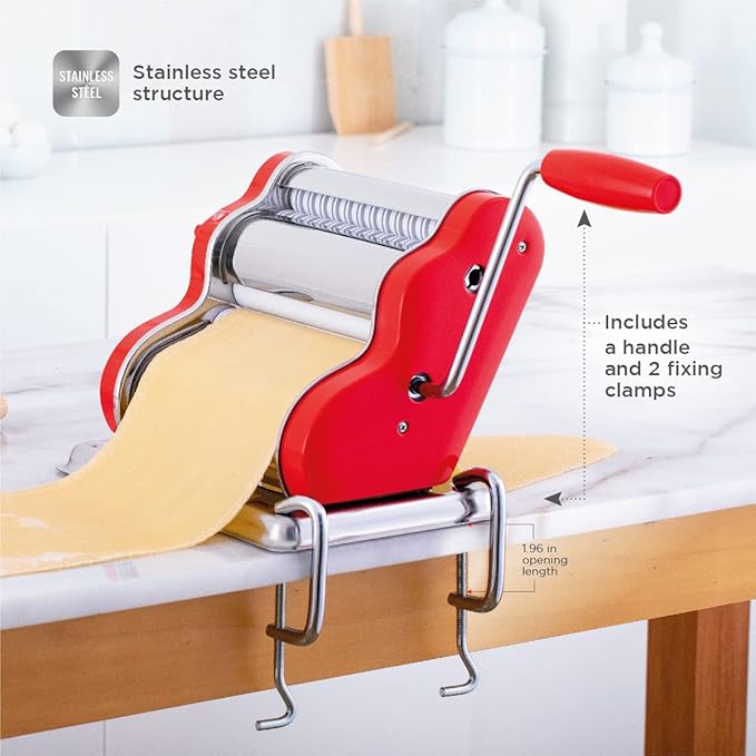 PASTALINDAClassic 200 Pasta Maker Machine, 20 cm Wide Rollers, 9 Thickness Positions, 2 Cutting Positions, Stainless Steel. Includes Reinforced Hand Crank And Two Clamps (Red)