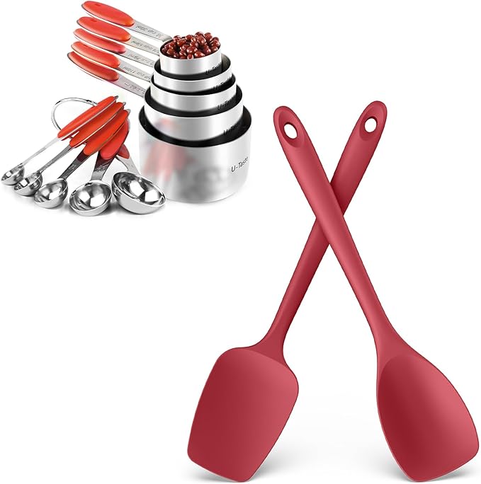 U-Taste 18/8 Stainless Steel Measuring Cups and Spoons Set of 10 and 600ºF Heat Resistat Silicone Flexible Baking Spoon Spatula & Cooking Scoop Spoonula (Red)