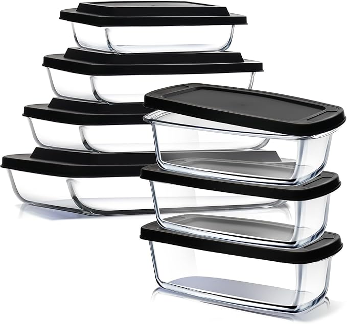 EATEX 7-Pack Glass Food Storage Containers with Lids Baking Pans Set, Glass Baking Dishes for Oven | 4 Casserole Dishes for Oven and 3 Glass Bread Pans for Bread Baking, Oven Microwave Freezer Safe