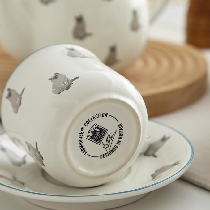 London Pottery Porcelain Coffee Cup with Saucer 220ml/7.4oz, British Teacup Set for Latte, Cappuccino, Espresso, Tea Party Wedding Birthday Housewarming Gift (Cat，Cup and Saucer, 220ml)