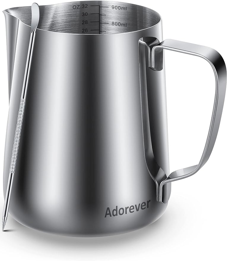Milk Frothing Pitcher, 32oz Steaming Pitcher Stainless Steel Espresso Machine Accessories for Coffee Bar, Cappuccino Barista Tools Milk Jug Steamer Frother Cup with Decorating Latte Art Pen