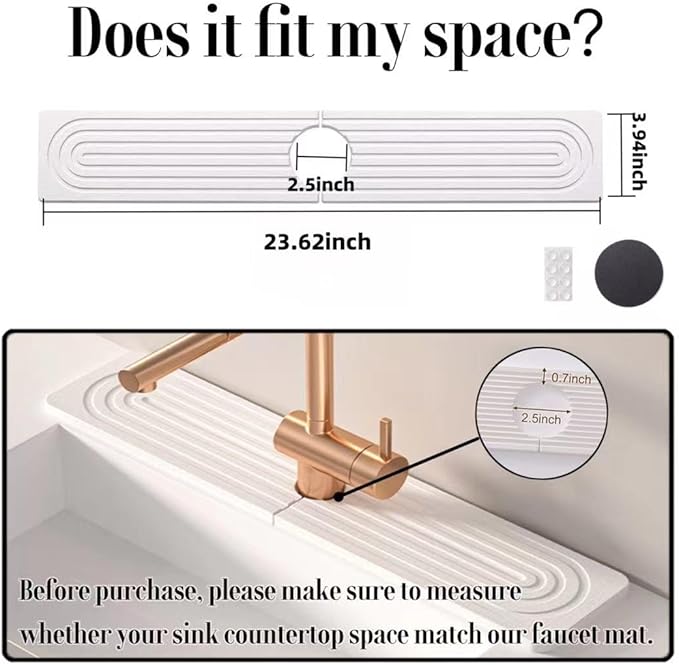 Stone Faucet Mat for Kitchen Sink, 23.6'' Long Quick Drying Absorbent Diatomite Sink Tray, Faucet Splash Guard for Kitchen,Bathroom Counter, Prevents Moisture, Super Absorbent, White