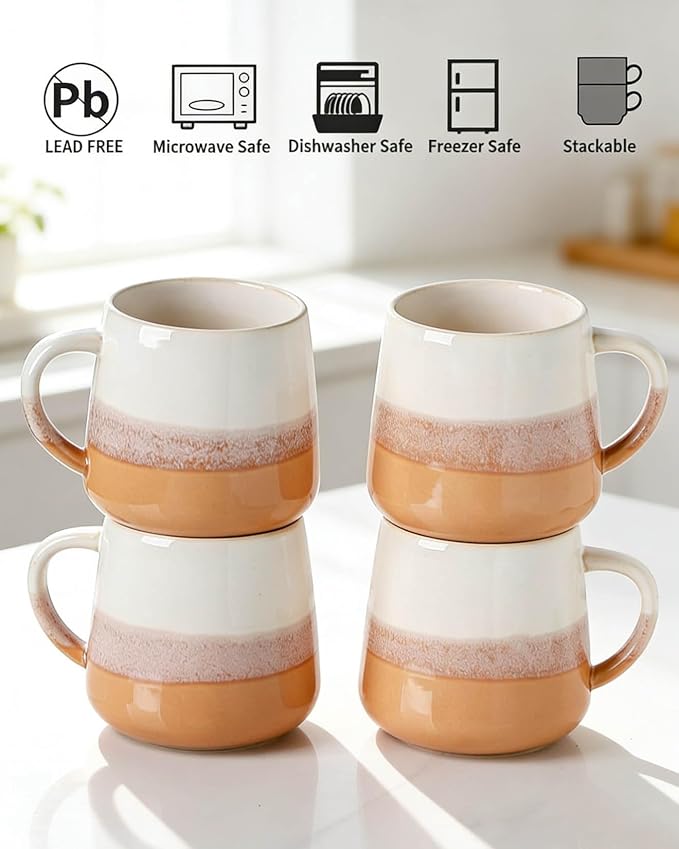 Coffee Mugs Set of 4, Ceramic Tea Coffee Cups with Handle, 14 OZ Large Porcelain Mug for Americano, Latte, Cappuccino, Hot Chocolate, Glazed and Brown