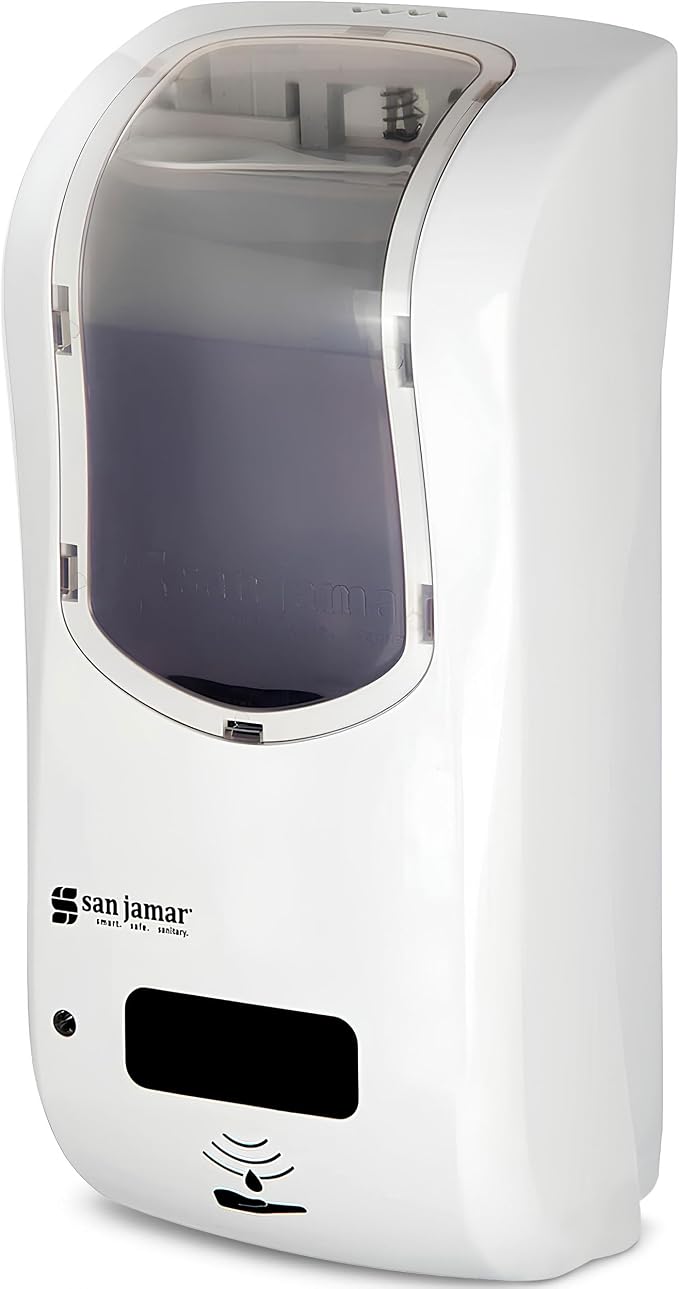 San Jamar Hybrid Soap Dispenser – 875ml Dual Manual Touchless Mode Liquid Dispenser, Adjustable Portioning, Multi-Surface Install for Bathroom or Commercial Use, White/Clear