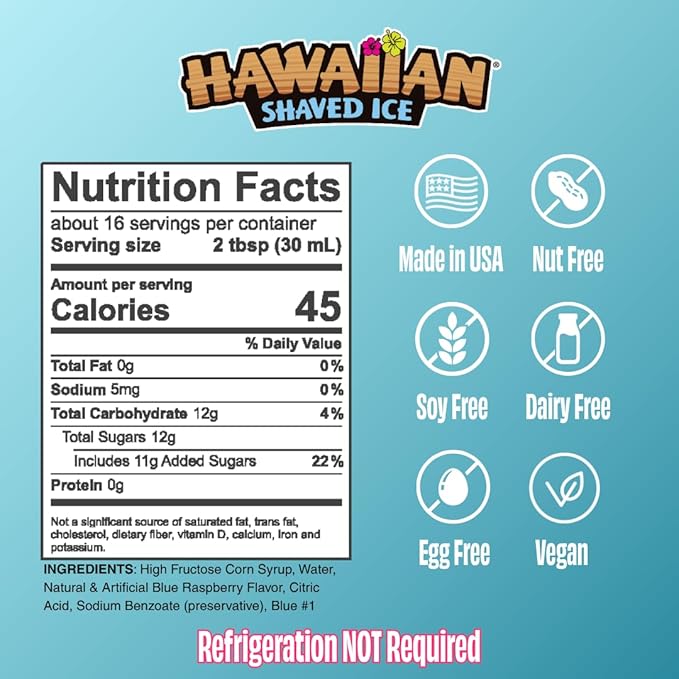 Hawaiian Shaved Ice Sour Blue Raspberry Syrup - Nut Soy Dairy Free - Flavor Fluffy & Crunchy Snow Cones - Shelf Stable - Makes 8 Servings - 16 ounces