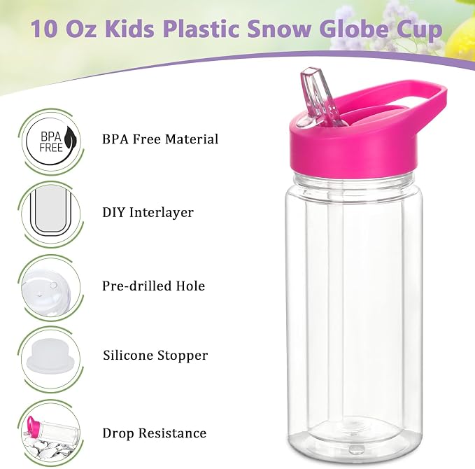 10 Pack 10 Oz Plastic Snow Globe Tumbler for Kids with Pre-Drilled Hole and Plug, Leak Proof Double Wall Snow Globe Sports Water Bottle with Portable Handle for Glitter DIY Gift, Mixed Color