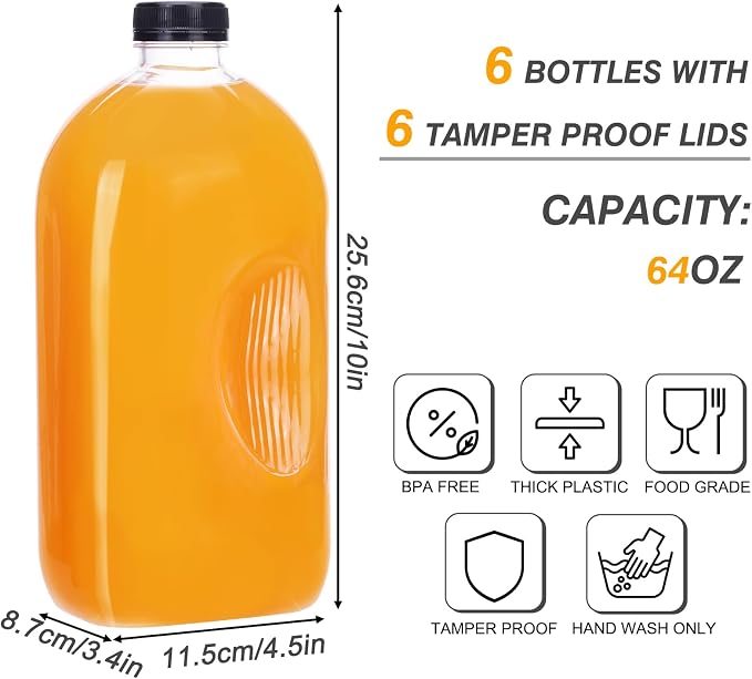 TOMNK 6pcs Juice Bottles, 64oz Reusable Plastic Juice Bottles with Caps and Labels, Funnel, Brush Beverage Containers for Juicing, Smoothies, Tea, Milk