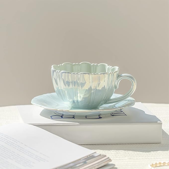 amokk Porcelain Coffee Mugs Flower Shaped Tea Cup and Saucer Set for Housewarming Gift Home Decor (Blue)