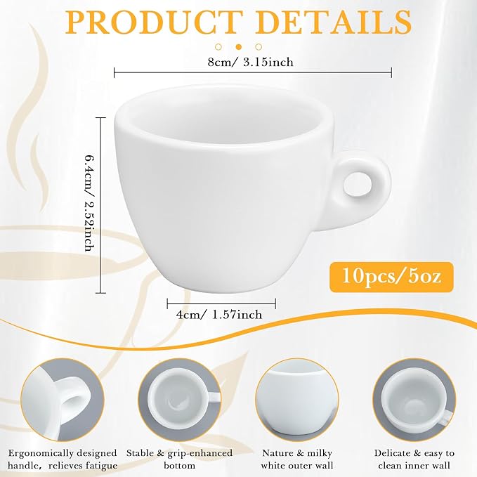 Reallnaive 10 Pcs 5 oz Porcelain Espresso Cup Set White Tiny Ceramic Coffee & Tea Mugs for Cafes Offices Homes and Restaurants