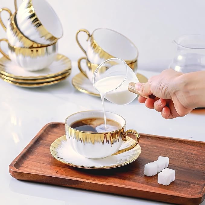 CHANJOON 6 Teacups Tea Tray Spoon Set, 6oz with Galvanized Gold Rim and Gift Box, Ceramic White English Coffee Teacup (gold color, Large)