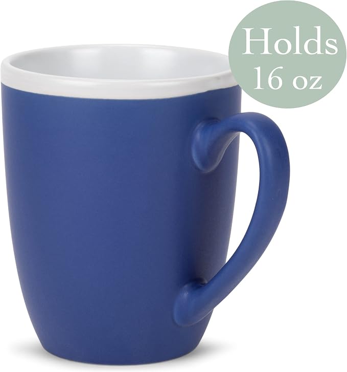 Elanze Designs Solid Color Blue White Interior 16 ounce Matte Ceramic Mugs Matching Set of 4