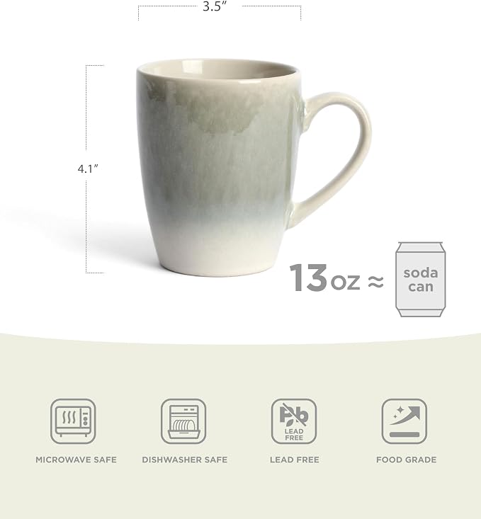famiware Coffee Mugs Set, 13oz Mug Set of 6, Stoneware Cups for Latte, Hot Tea, Mocha, Cocoa, Cappuccino, Microwave and Dishwasher Safe, Glacier Series, Sage Green