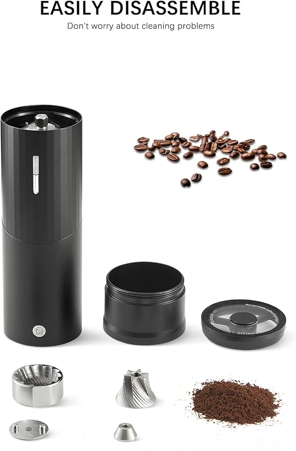 Electric Coffee Grinders, Portable Burr Grinder Capacity 50g w/Magnetic Cover,External Adjustable Setting, Aluminum Alloy Body, 800mAh Battery(Stand not Included) (Gray)