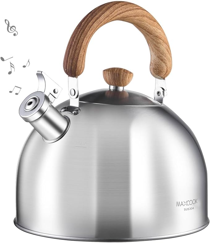 18/8 Stainless Steel Tea Kettle for Stovetop (4L / 4.23 Quart Whistling Tea Pot, Wood Handle)-Silver