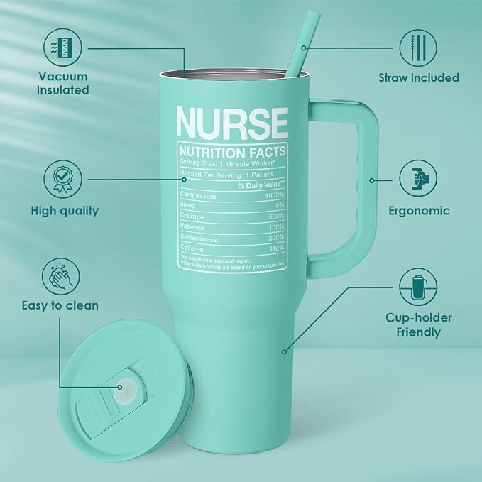 Nurse Gift Tumbler 40oz with Handle and Straw – Nutrition Facts Insulated Stainless Steel Travel Coffee Mug for Nursing Friends - Gifts for Nurse Week, Appreciation, Birthday, Christmas