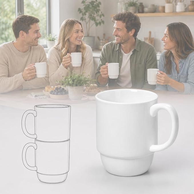 Stackable Porcelain Coffee Mug Set of 4 – 16oz Large Handle, Space-Saving Ceramic Mugs for Kitchen & Coffee Bar, Microwave & Dishwasher Safe • Modern Home Gift