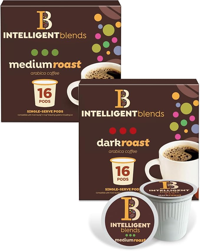Intelligent Blends Dark Roast & Medium Roast Coffee Pods Variety Pack, 32 ct, Single Serve Pods – 100% Arabica Coffee, Compatible with Keurig K Cups Maker