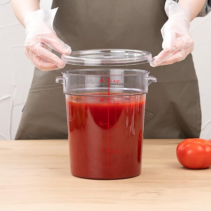 Met Lux 4 Quart Food Storage Container, 1 Round Commercial Storage Container - Lid Sold Separately, With Volume Markers, Clear Plastic Food Prep Bucket, Space-Saving Storage